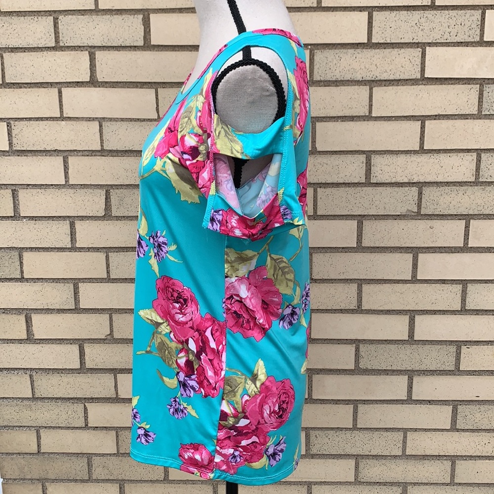 PS Kate Teal Blue Cold Shoulder Floral Ladder Cut-out Short Sleeve Top NEW - Picture 5 of 11